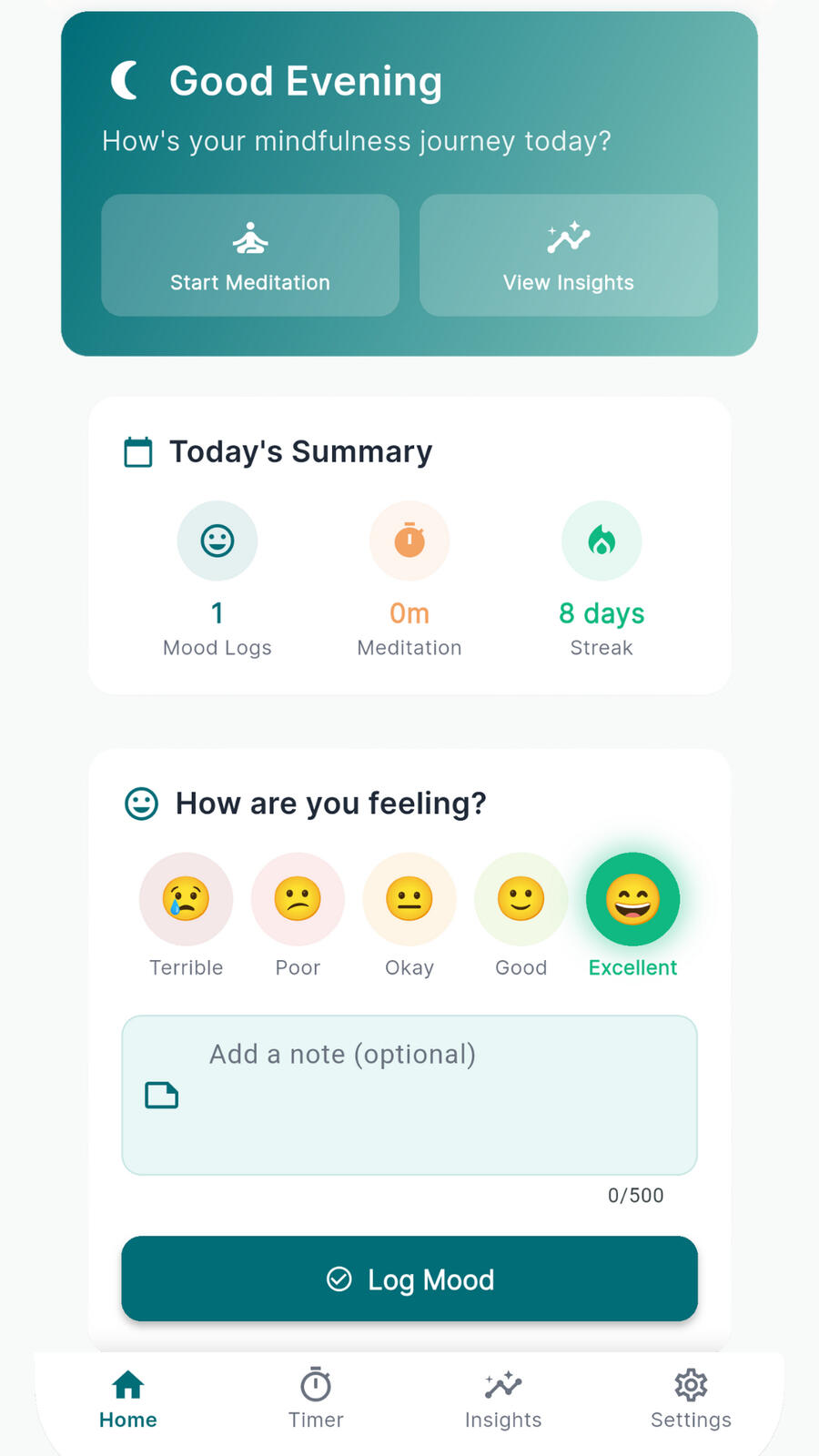 Mindful Minutes Home Screen – Start Meditation Mindful Minutes app home screen showing start meditation and insights options with a calming teal interface